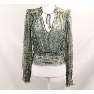 FREE PEOPLE Twyla Smocked Top Womens size M Green Floral Sheer Ruffle Trim